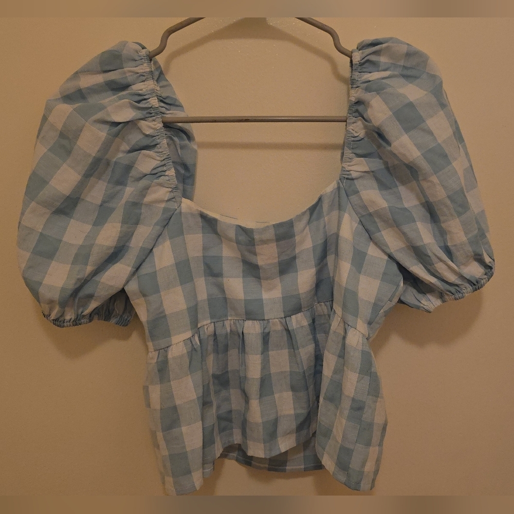 Vici Blue Checkered Puff Sleeve Top Small NWOT - Picture 5 of 6